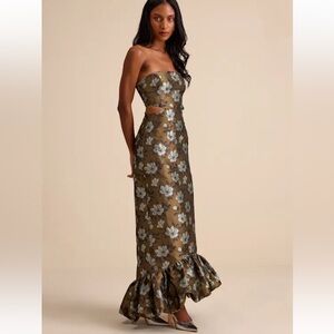 Nathania Olive Floral Jacquard Strapless Bubble-Hem Maxi Dress